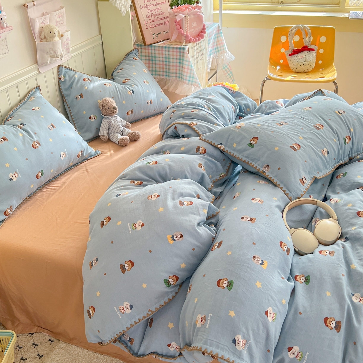 91家纺网 家纺一手货源 找家纺 金丝鸟家纺 2026新款全棉纯棉双层纱贝壳边款四件套 眼睛家族 蓝