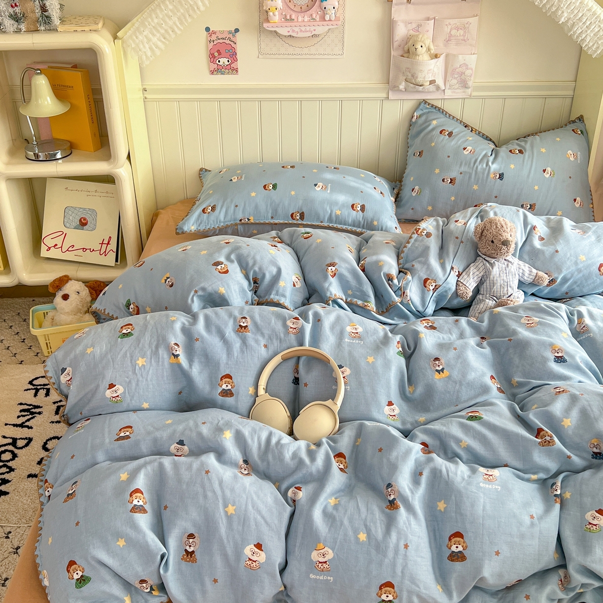 91家纺网 家纺一手货源 找家纺 金丝鸟家纺 2026新款全棉纯棉双层纱贝壳边款四件套 眼睛家族 蓝