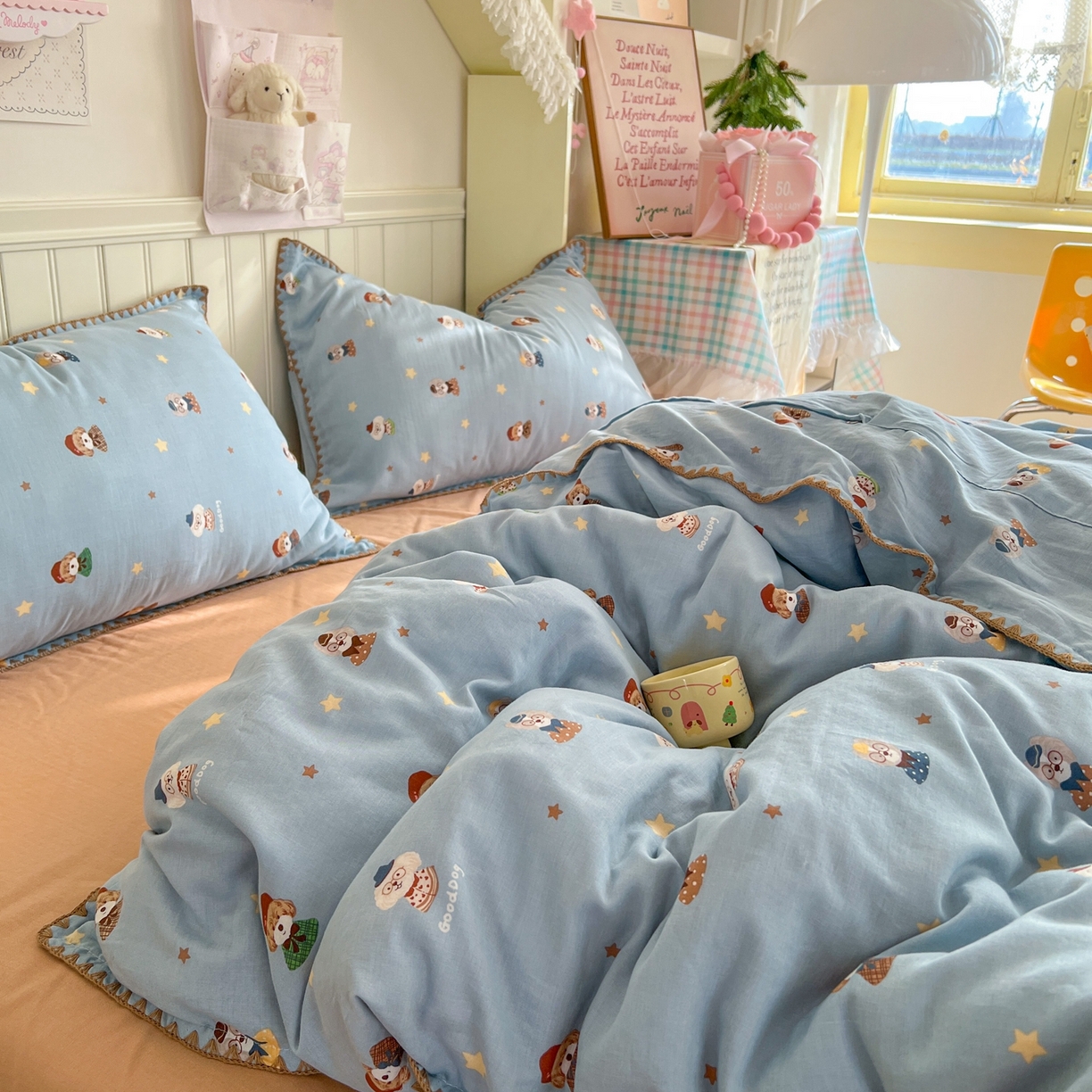 91家纺网 家纺一手货源 找家纺 金丝鸟家纺 2026新款全棉纯棉双层纱贝壳边款四件套 眼睛家族 蓝