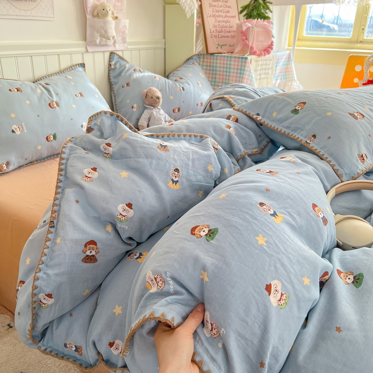 91家纺网 家纺一手货源 找家纺 金丝鸟家纺 2026新款全棉纯棉双层纱贝壳边款四件套 眼睛家族 蓝