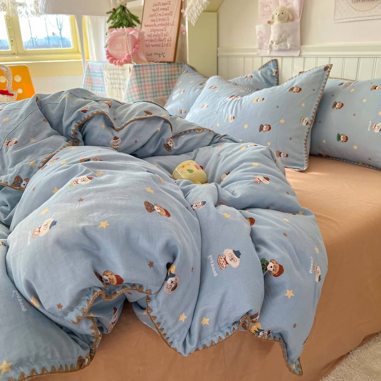 91家纺网 家纺一手货源 找家纺 金丝鸟家纺 2026新款全棉纯棉双层纱贝壳边款四件套 眼睛家族 蓝