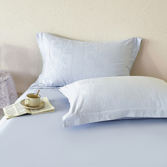 宜家坊 2026新款全棉60S长绒棉立体厚织提花单枕套 芊芊叶语-云水蓝