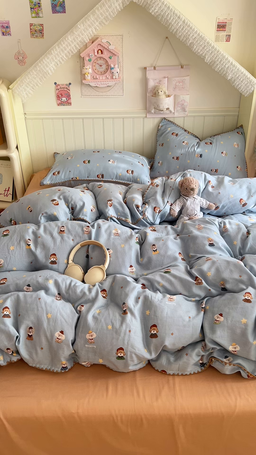 91家纺网 家纺一手货源 找家纺 金丝鸟家纺 2026新款全棉纯棉双层纱贝壳边款四件套 眼睛家族 蓝