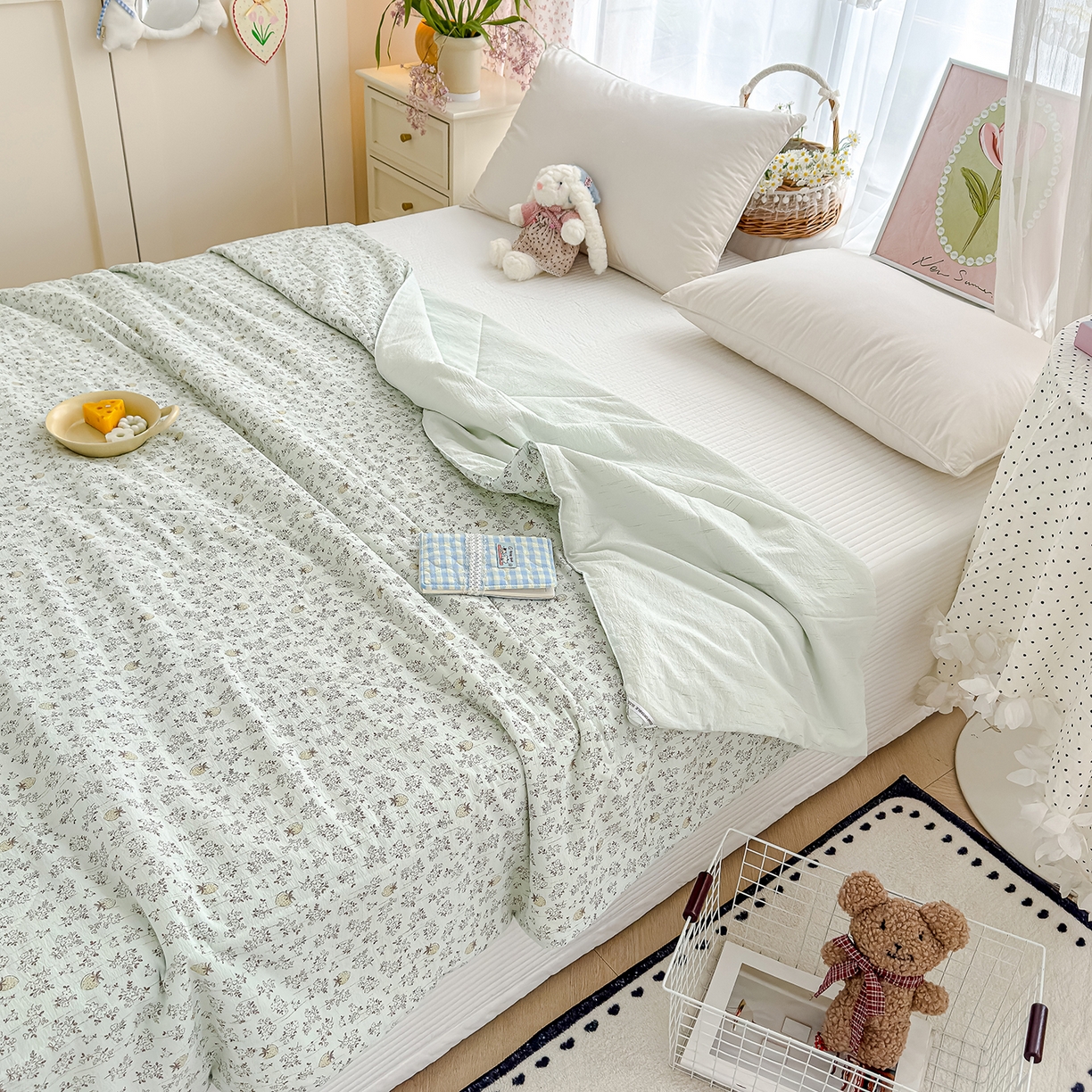 91家纺网 家纺一手货源 找家纺 芯恋家居 2026新款亚麻风云感花边夏被夏凉被空调被春秋被 浅夕