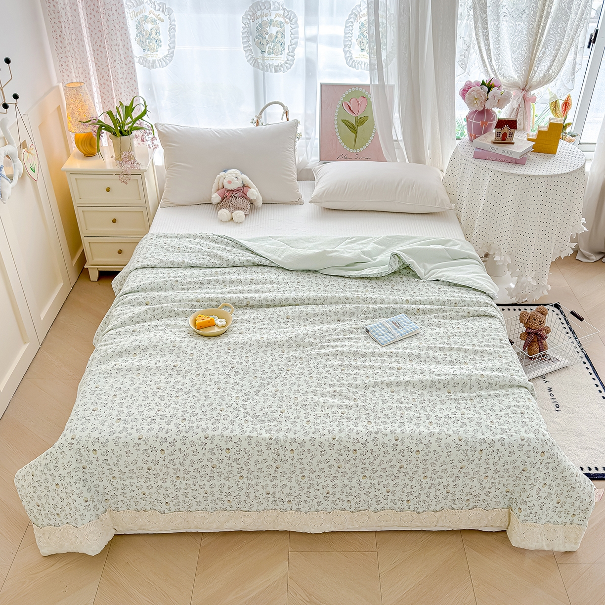 91家纺网 家纺一手货源 找家纺 芯恋家居 2026新款亚麻风云感花边夏被夏凉被空调被春秋被 浅夕