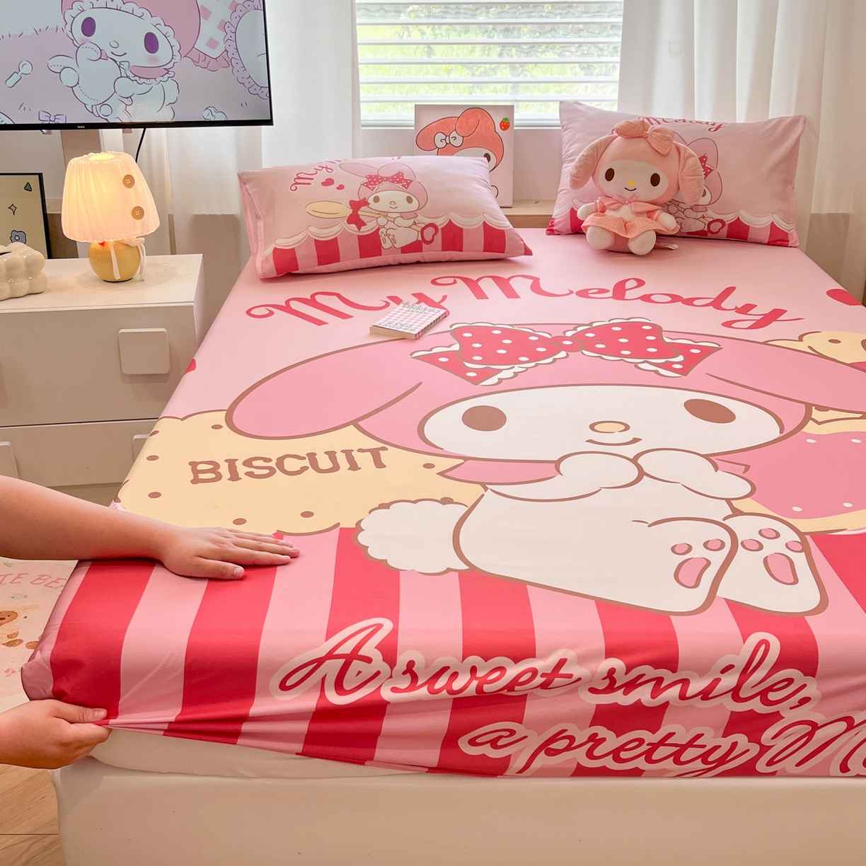 91家纺网 家纺一手货源 找家纺 孩子王家纺 2026新款卡通全棉正版授权大版三丽鸥系列四件套单品单床笠（含防伪码） 饼干美乐蒂