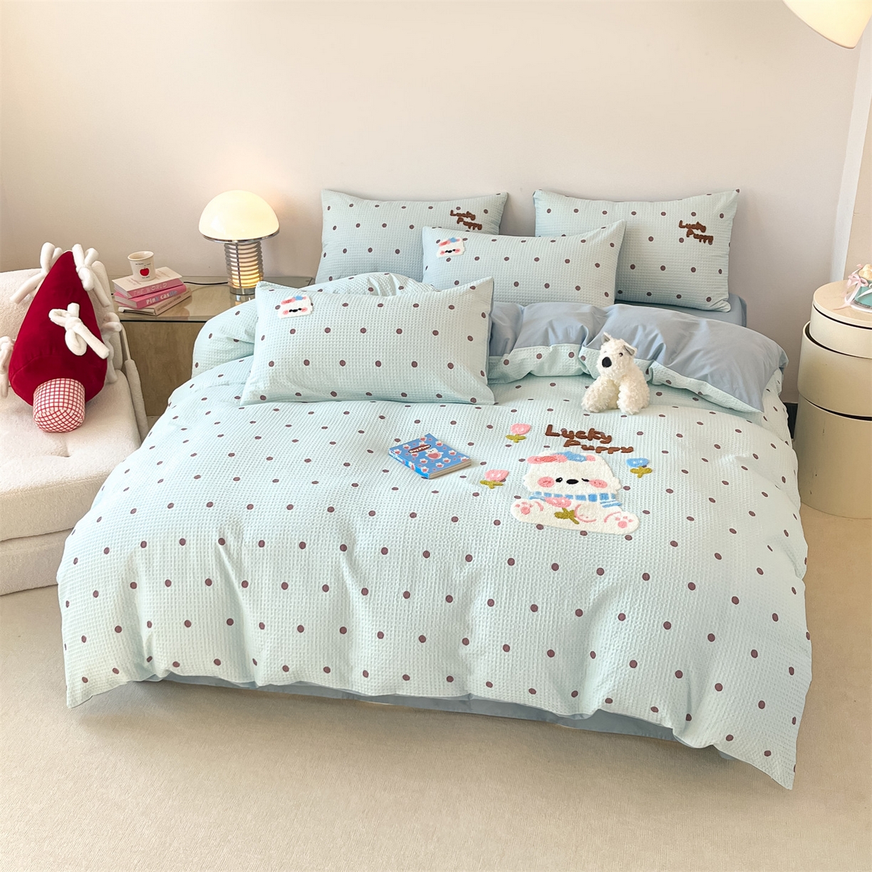 91家纺网 家纺一手货源 找家纺 眷恋家纺 2026新款全棉纯棉A版华夫格B版40支毛巾绣四件套 欢乐狗