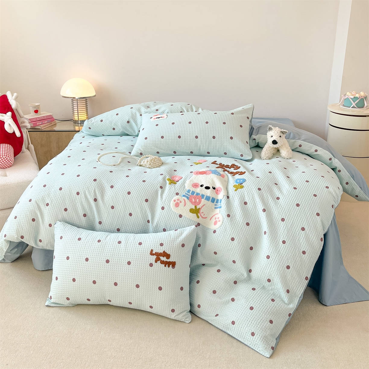 91家纺网 家纺一手货源 找家纺 眷恋家纺 2026新款全棉纯棉A版华夫格B版40支毛巾绣四件套 欢乐狗