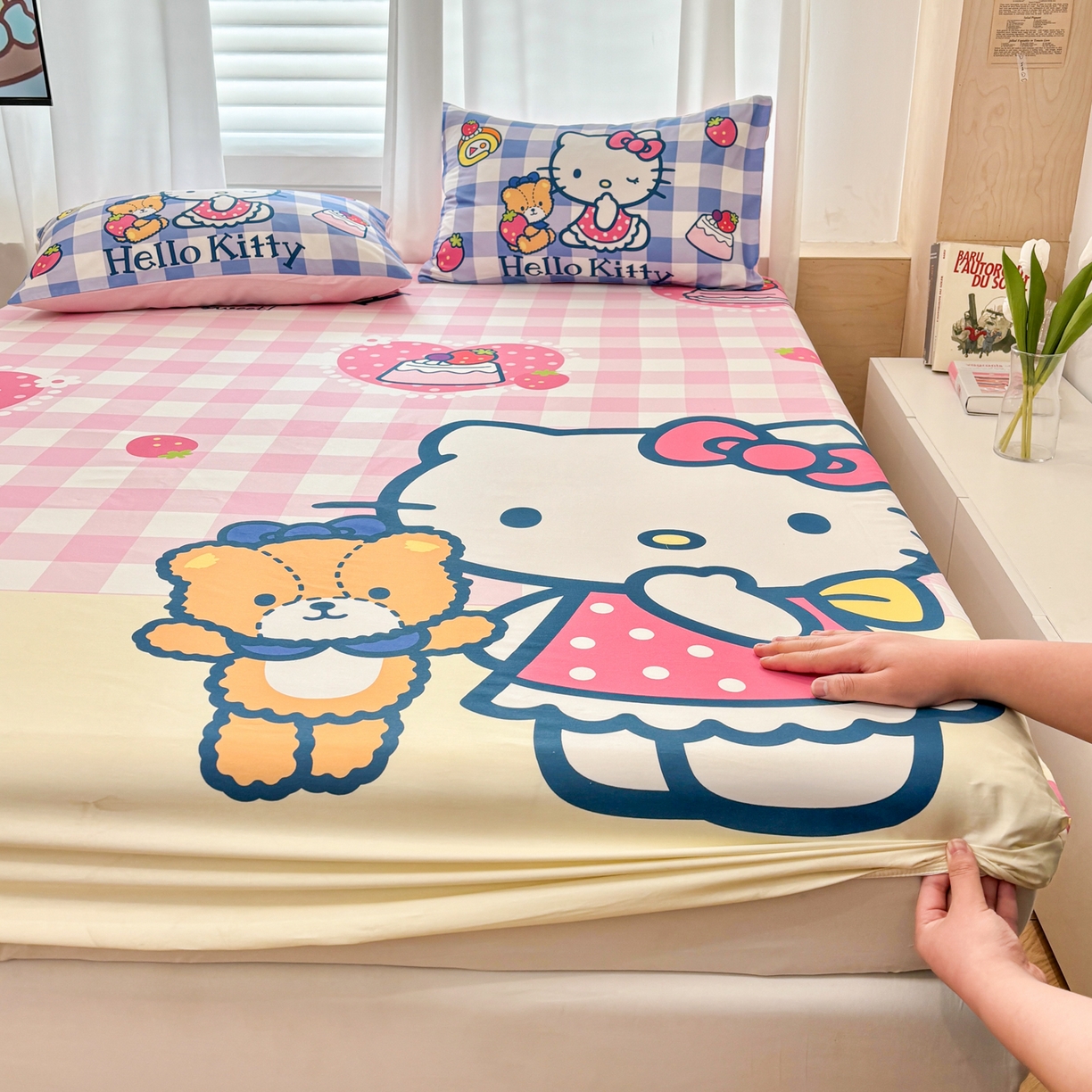 91家纺网 家纺一手货源 找家纺 孩子王家纺 2026新款卡通全棉正版授权大版三丽鸥系列四件套单品单床笠（含防伪码） 格子乐园
