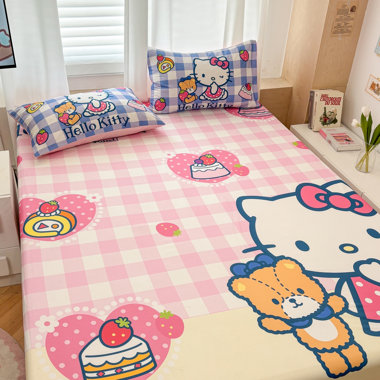 91家纺网 家纺一手货源 找家纺 孩子王家纺 2026新款卡通全棉正版授权大版三丽鸥系列四件套单品单床笠（含防伪码） 格子乐园