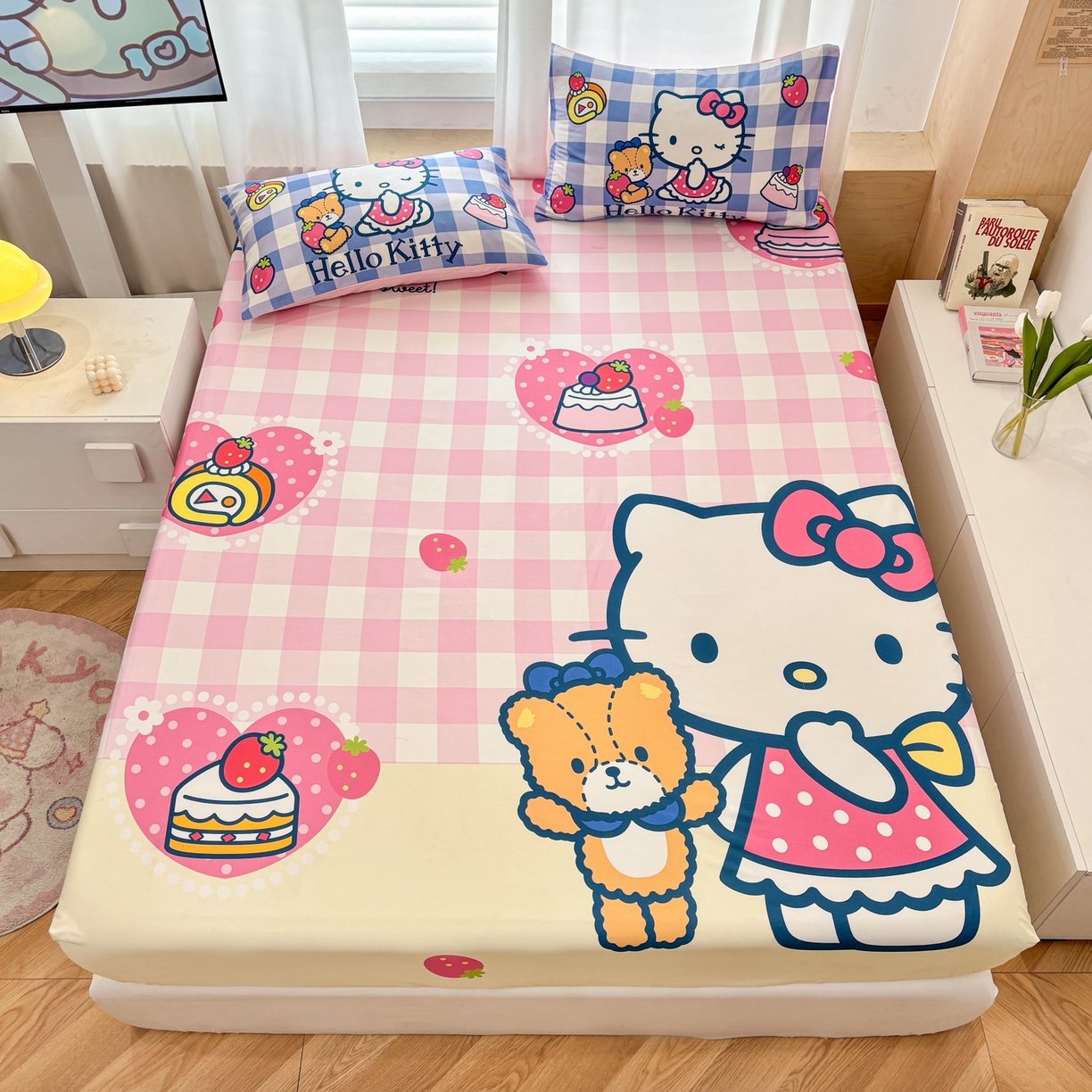 91家纺网 家纺一手货源 找家纺 孩子王家纺 2026新款卡通全棉正版授权大版三丽鸥系列四件套单品单床笠（含防伪码） 格子乐园