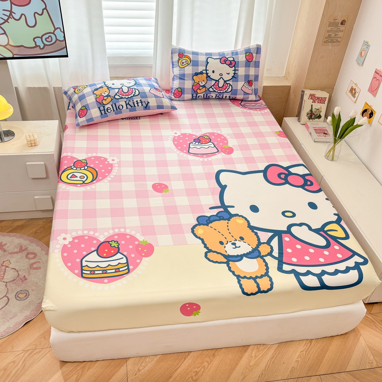 91家纺网 家纺一手货源 找家纺 孩子王家纺 2026新款卡通全棉正版授权大版三丽鸥系列四件套单品单床笠（含防伪码） 格子乐园