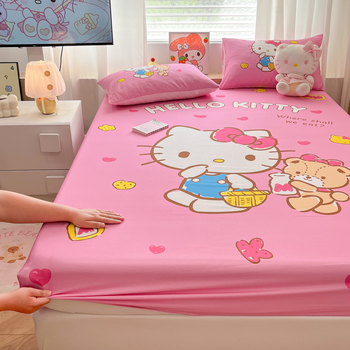 91家纺网 家纺一手货源 找家纺 孩子王家纺 2026新款卡通全棉正版授权大版三丽鸥系列四件套单品单床笠（含防伪码） 温柔kt