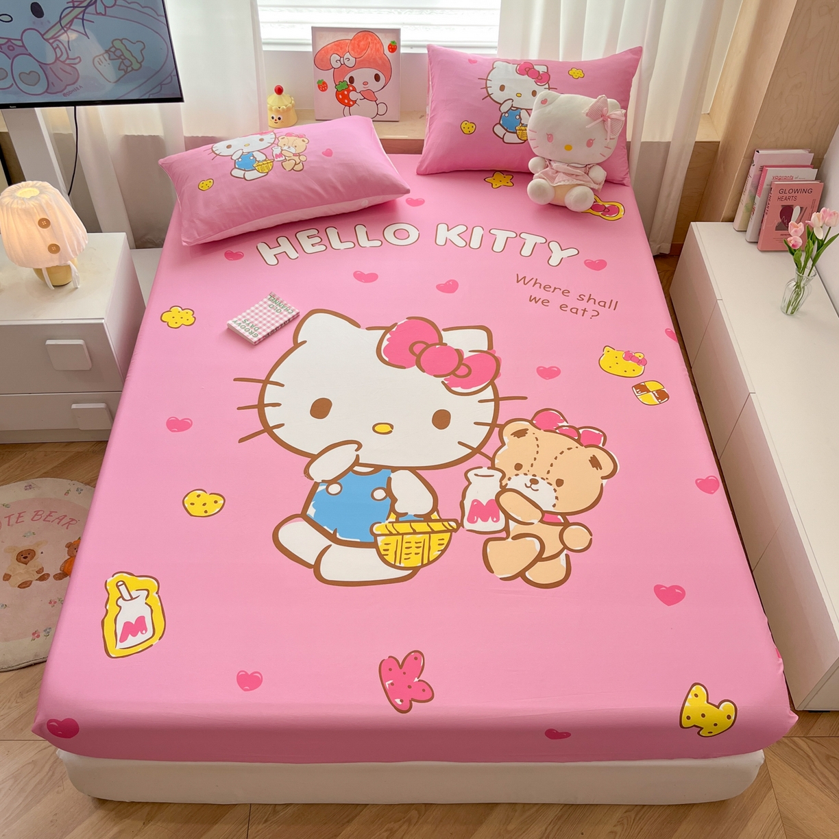 91家纺网 家纺一手货源 找家纺 孩子王家纺 2026新款卡通全棉正版授权大版三丽鸥系列四件套单品单床笠（含防伪码） 温柔kt