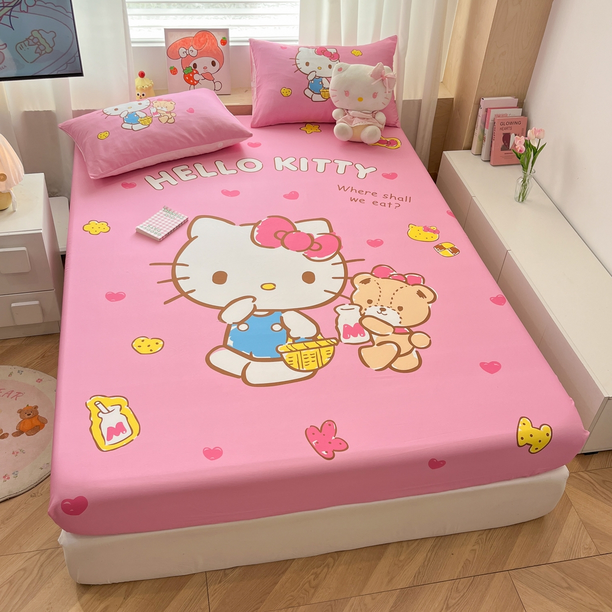 91家纺网 家纺一手货源 找家纺 孩子王家纺 2026新款卡通全棉正版授权大版三丽鸥系列四件套单品单床笠（含防伪码） 温柔kt