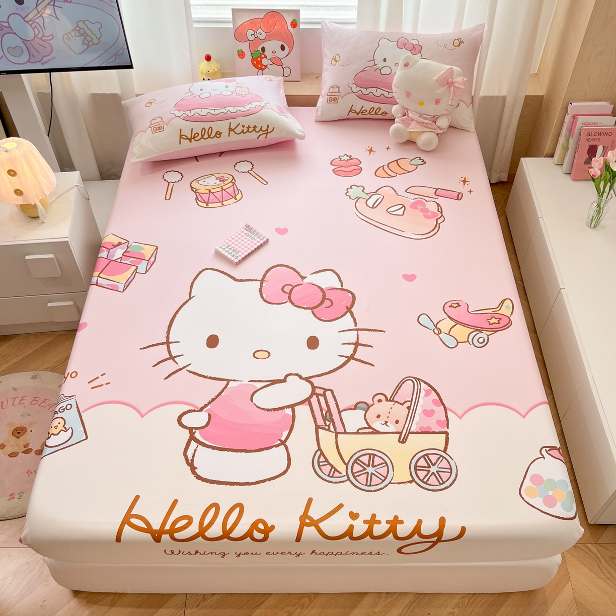 91家纺网 家纺一手货源 找家纺 孩子王家纺 2026新款卡通全棉正版授权大版三丽鸥系列四件套单品单床笠（含防伪码） 香香kt