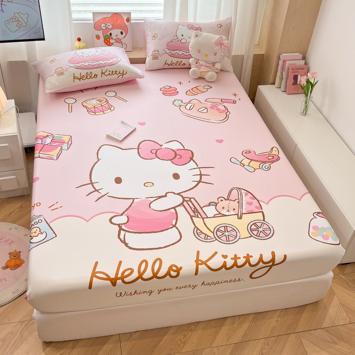 91家纺网 家纺一手货源 找家纺 孩子王家纺 2026新款卡通全棉正版授权大版三丽鸥系列四件套单品单床笠（含防伪码） 香香kt