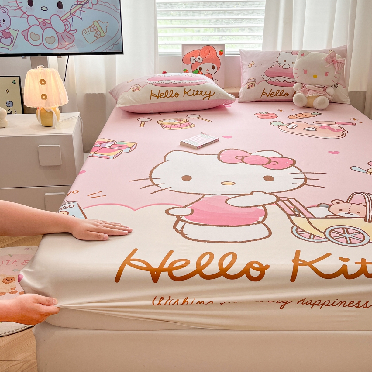 91家纺网 家纺一手货源 找家纺 孩子王家纺 2026新款卡通全棉正版授权大版三丽鸥系列四件套单品单床笠（含防伪码） 香香kt