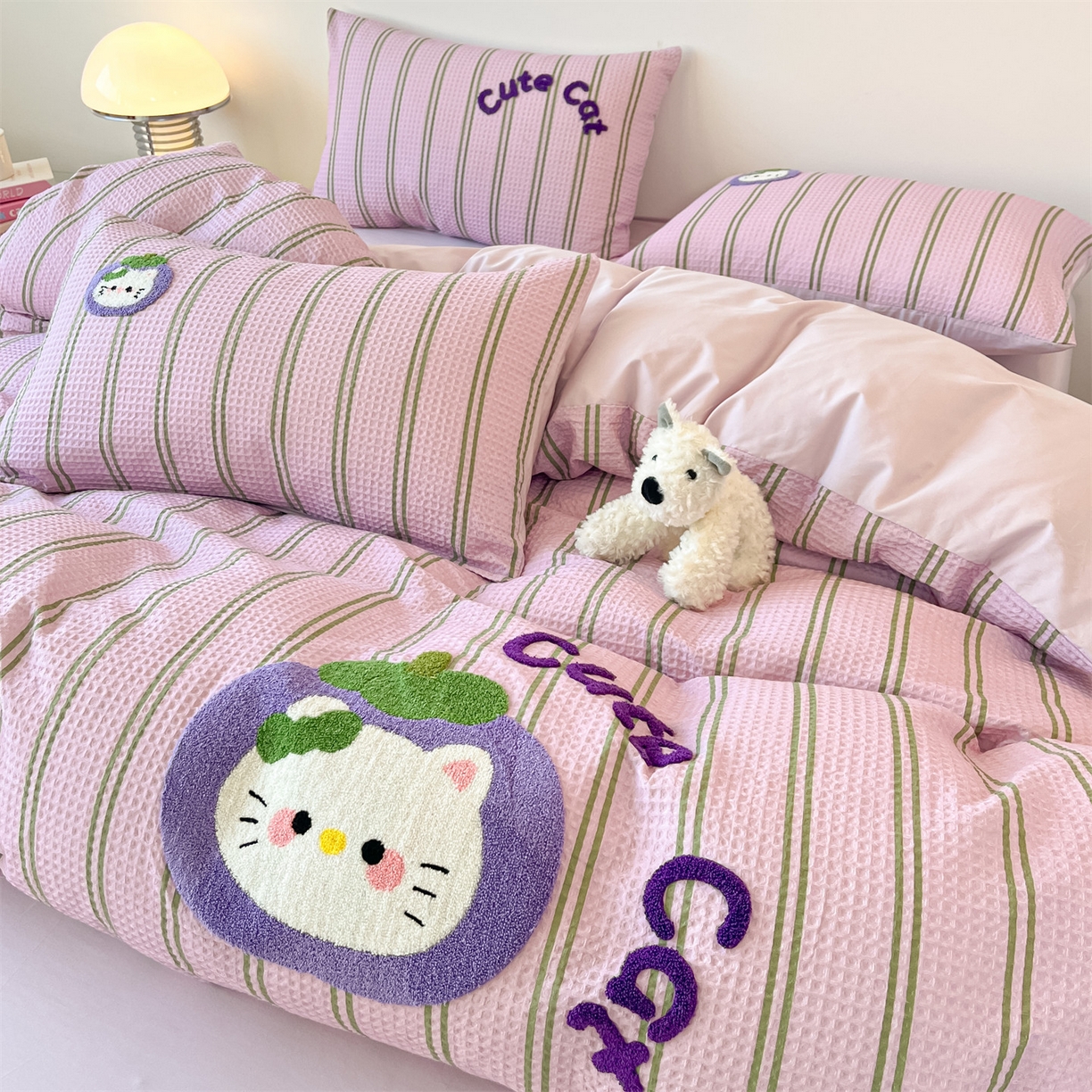 91家纺网 家纺一手货源 找家纺 眷恋家纺 2026新款全棉纯棉A版华夫格B版40支毛巾绣四件套 山竹小猫