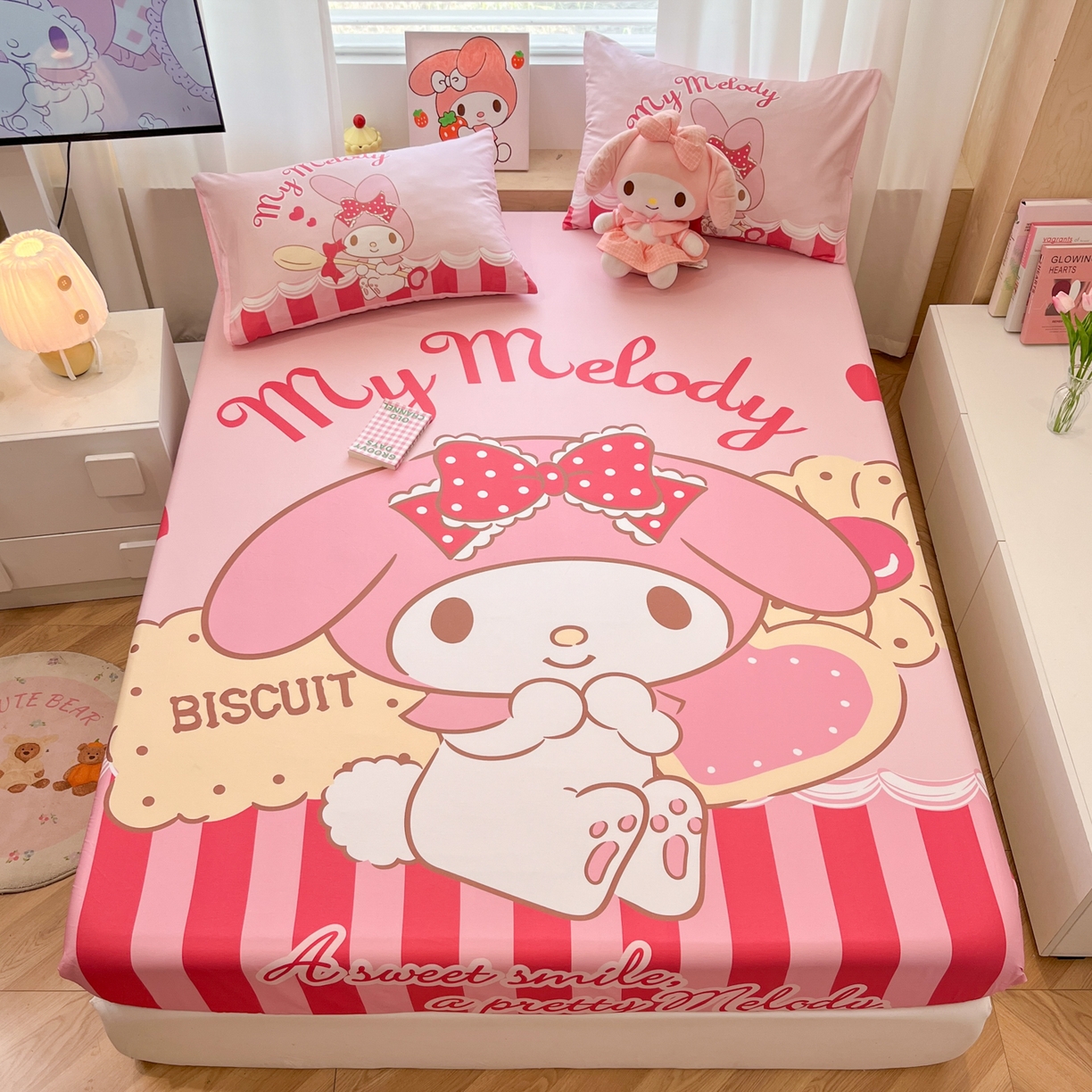 91家纺网 家纺一手货源 找家纺 孩子王家纺 2026新款卡通全棉正版授权大版三丽鸥系列四件套单品单床笠（含防伪码） 饼干美乐蒂