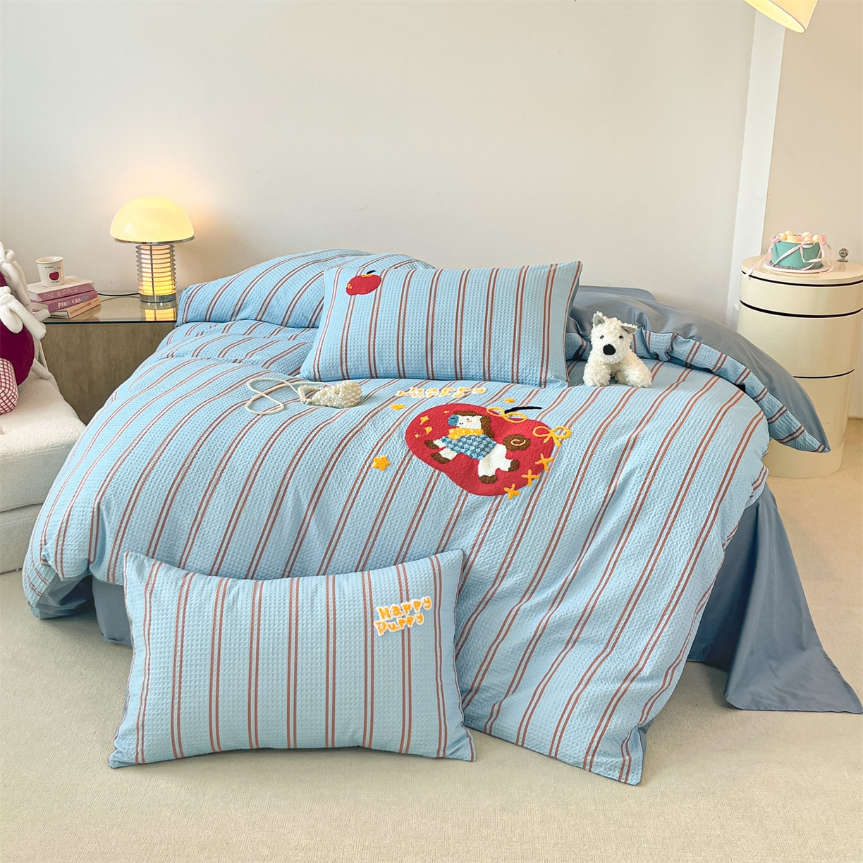 91家纺网 家纺一手货源 找家纺 眷恋家纺 2026新款全棉纯棉A版华夫格B版40支毛巾绣四件套 条纹木马