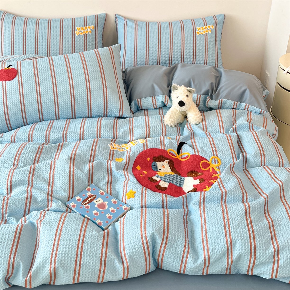 91家纺网 家纺一手货源 找家纺 眷恋家纺 2026新款全棉纯棉A版华夫格B版40支毛巾绣四件套 条纹木马