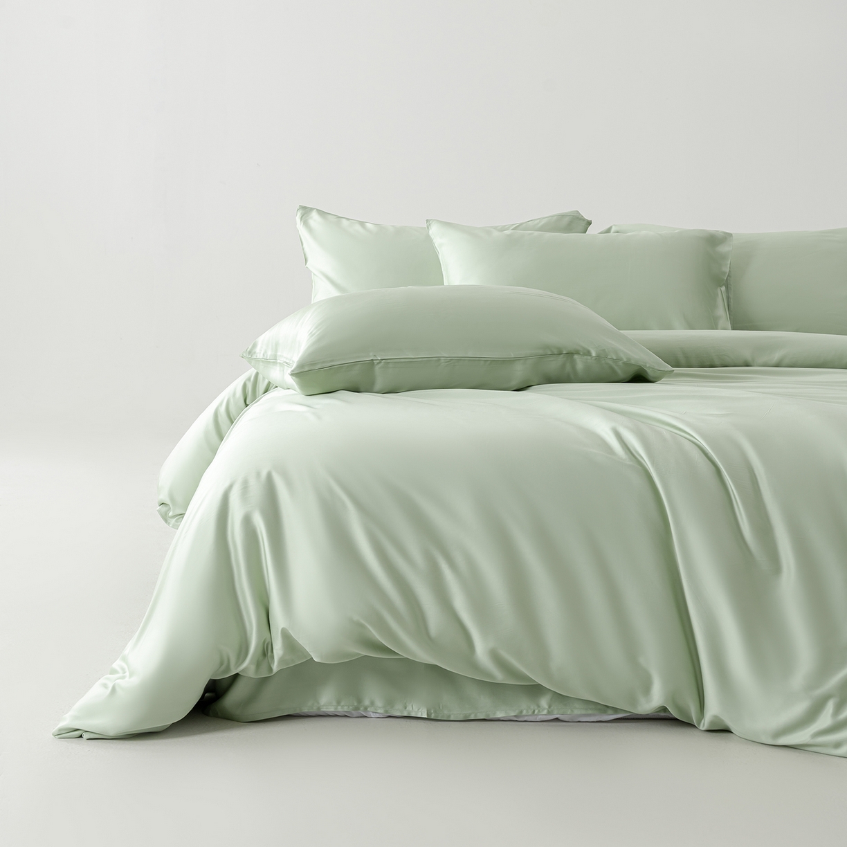 91家纺网 家纺一手货源 找家纺 轩和家居 2026新款60支竹纤维四件套天竹A类婴幼儿级别天然抑菌 淡绿