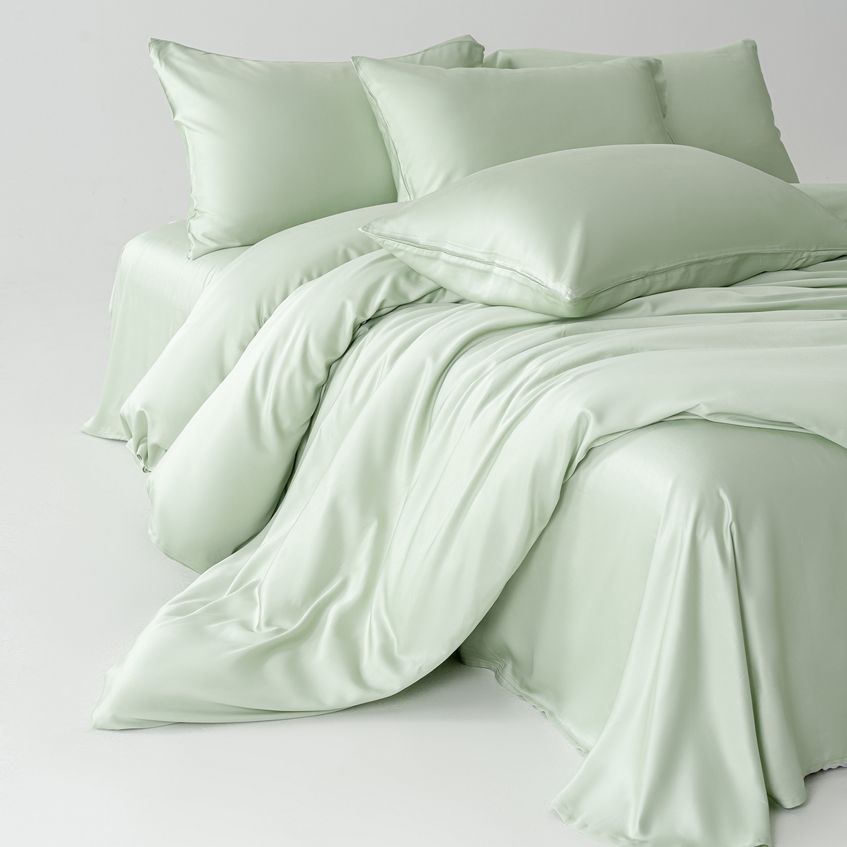 91家纺网 家纺一手货源 找家纺 轩和家居 2026新款60支竹纤维四件套天竹A类婴幼儿级别天然抑菌 淡绿