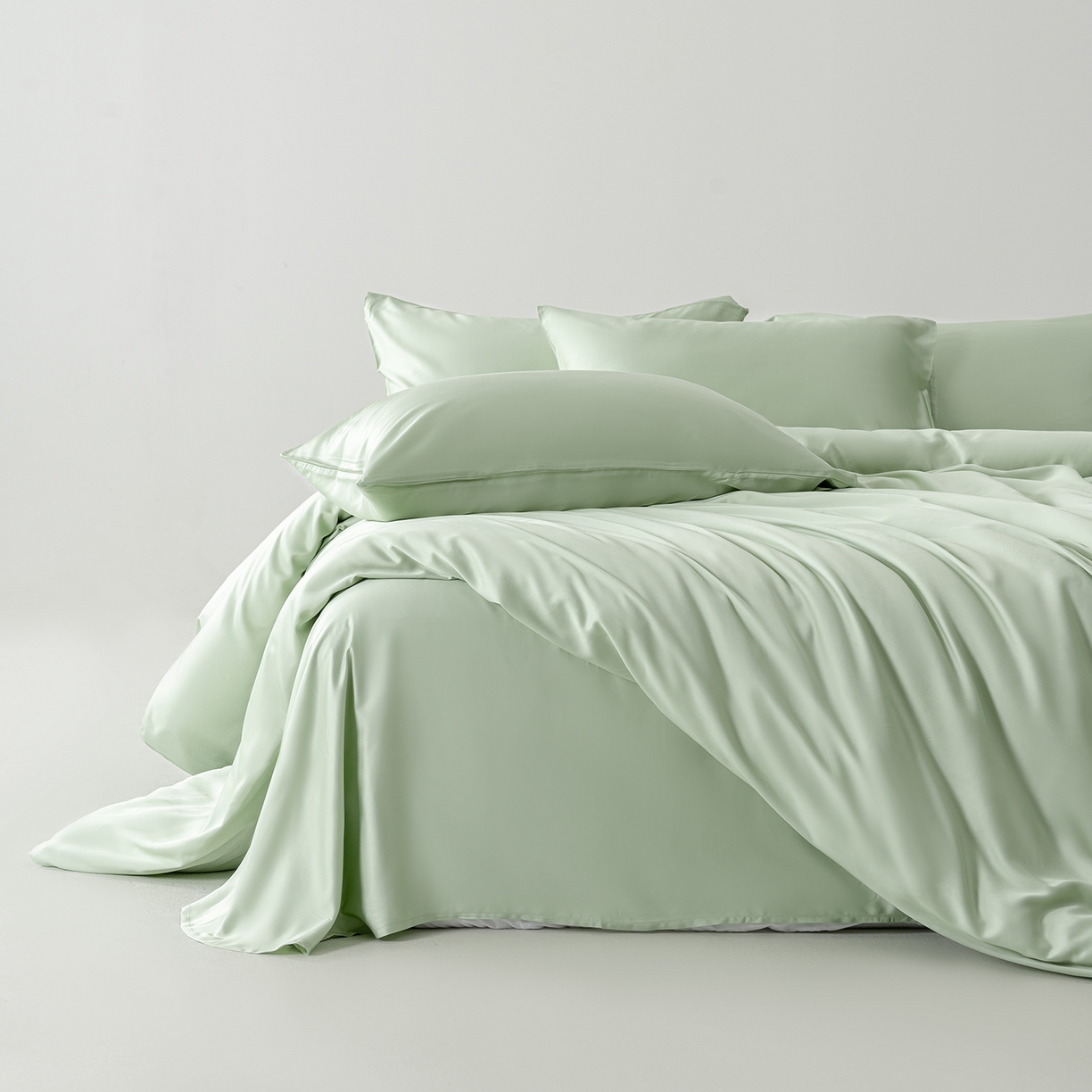 91家纺网 家纺一手货源 找家纺 轩和家居 2026新款60支竹纤维四件套天竹A类婴幼儿级别天然抑菌 淡绿