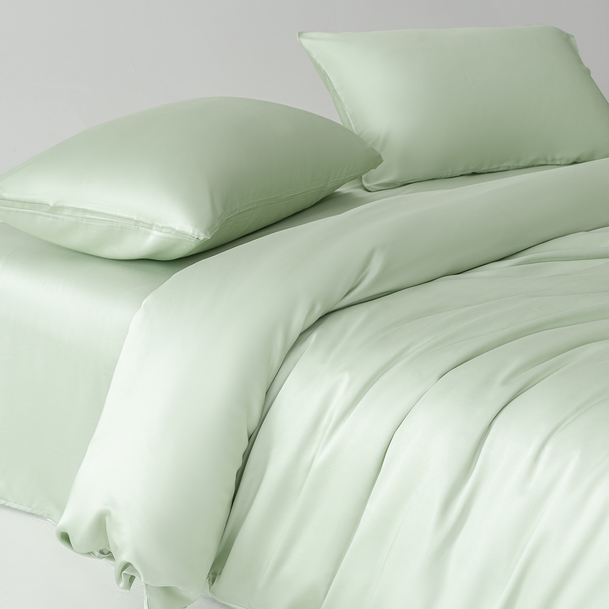 91家纺网 家纺一手货源 找家纺 轩和家居 2026新款60支竹纤维四件套天竹A类婴幼儿级别天然抑菌 淡绿