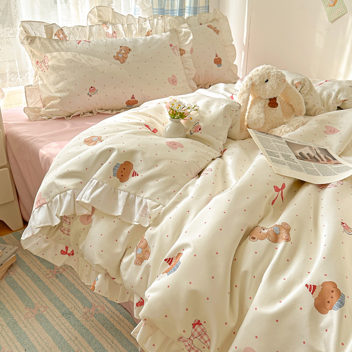 （总）老K (原美阁） 2026新款韩版冰丝四件套公主花边水洗真丝四件套