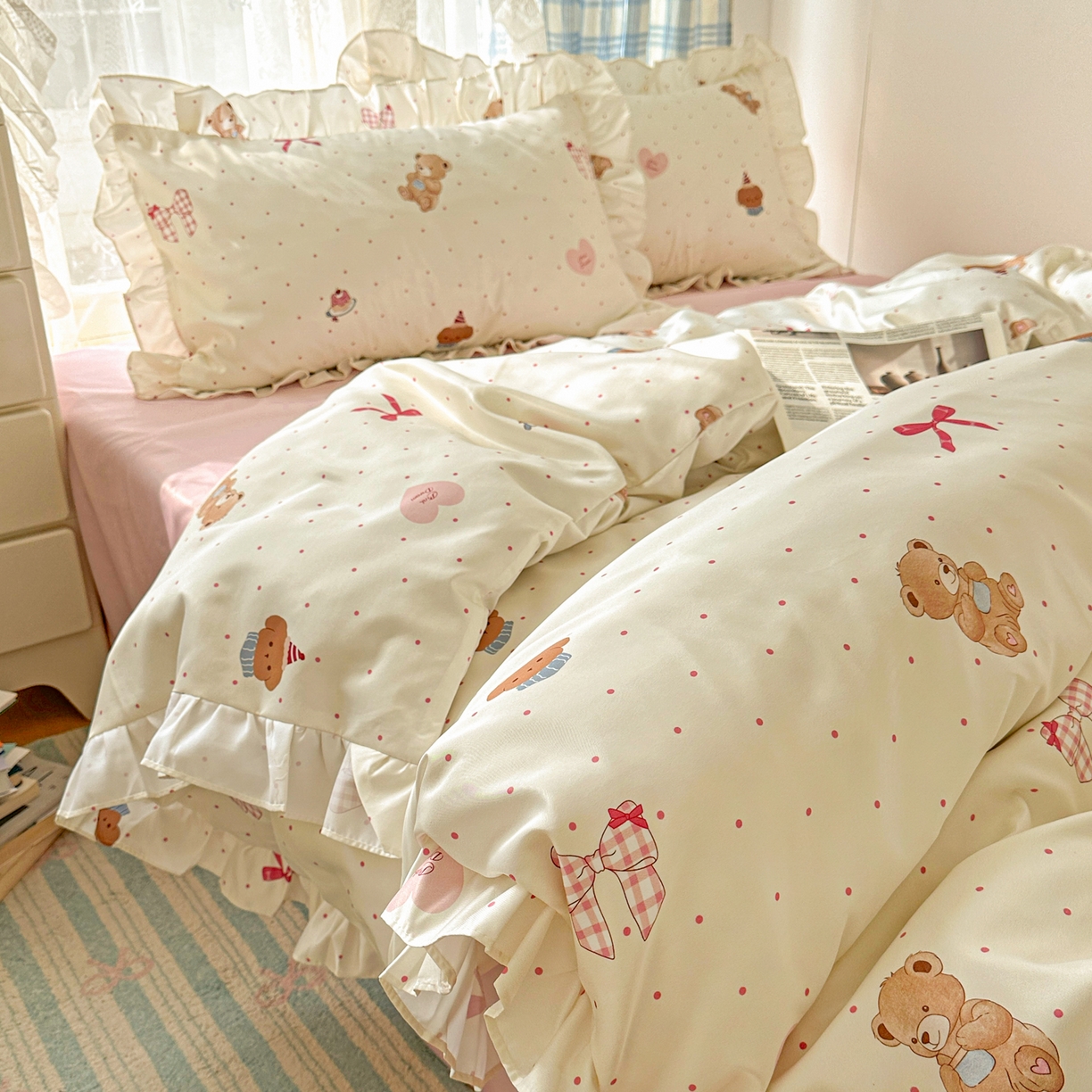 91家纺网 家纺一手货源 找家纺 （总）老K (原美阁） 2026新款韩版冰丝四件套公主花边水洗真丝四件套