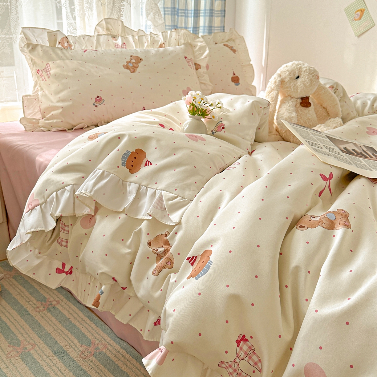 91家纺网 家纺一手货源 找家纺 （总）老K (原美阁） 2026新款韩版冰丝四件套公主花边水洗真丝四件套