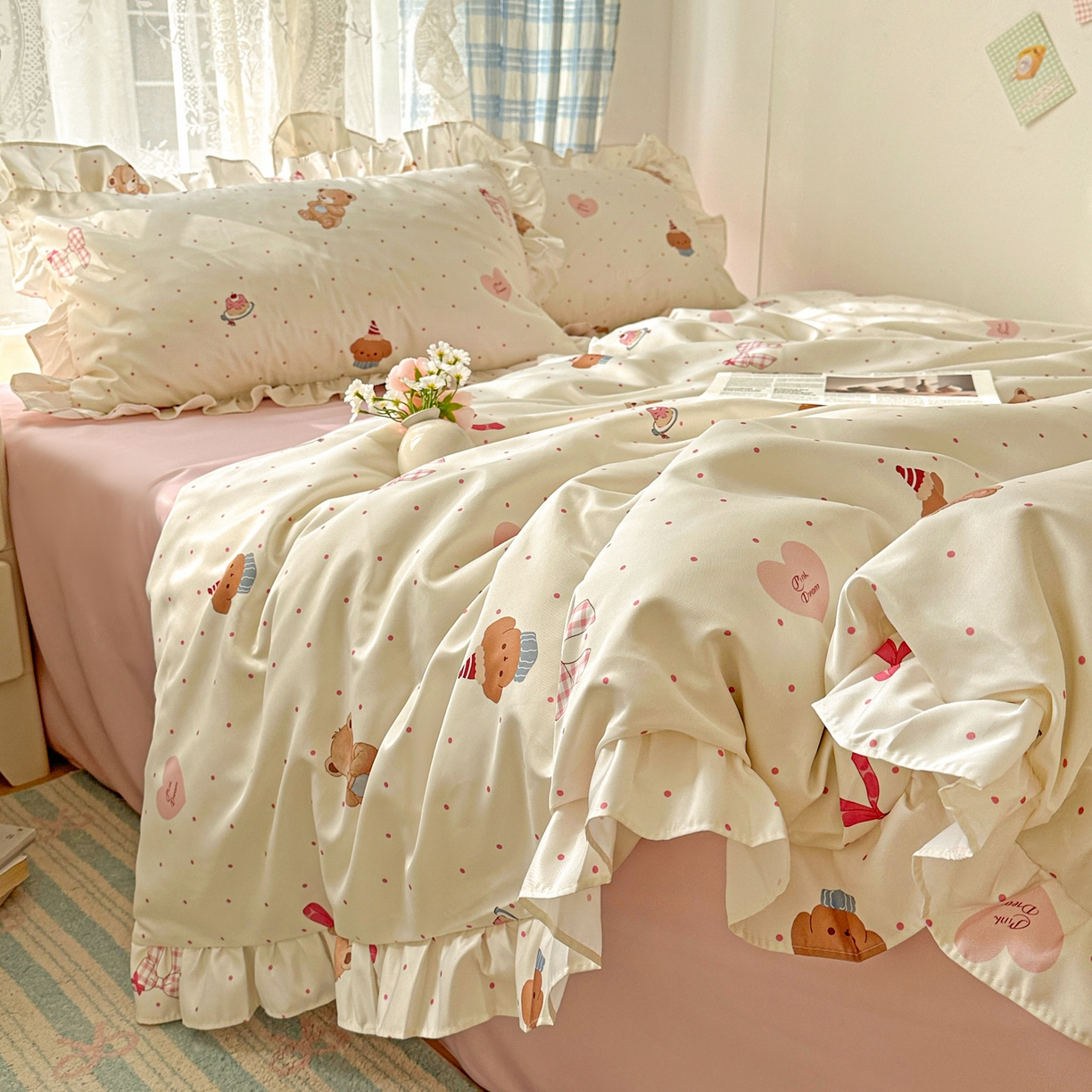 91家纺网 家纺一手货源 找家纺 （总）老K (原美阁） 2026新款韩版冰丝四件套公主花边水洗真丝四件套