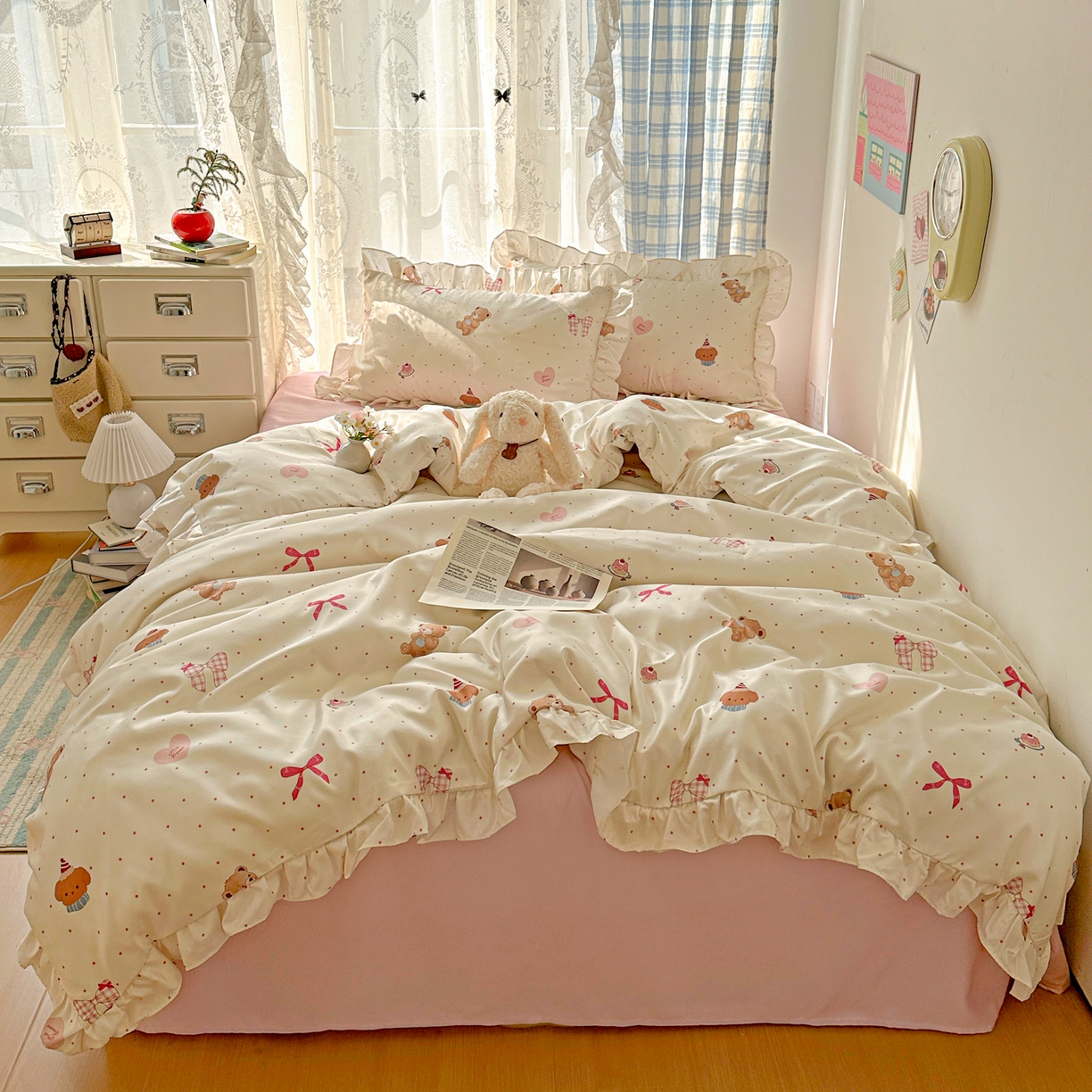 91家纺网 家纺一手货源 找家纺 （总）老K (原美阁） 2026新款韩版冰丝四件套公主花边水洗真丝四件套