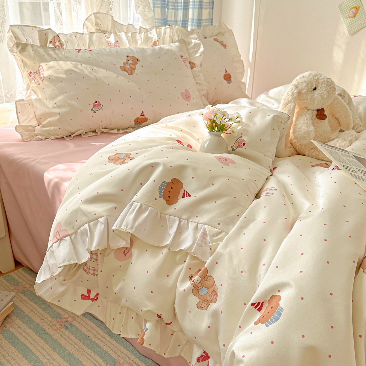 91家纺网 家纺一手货源 找家纺 （总）老K (原美阁） 2026新款韩版冰丝四件套公主花边水洗真丝四件套