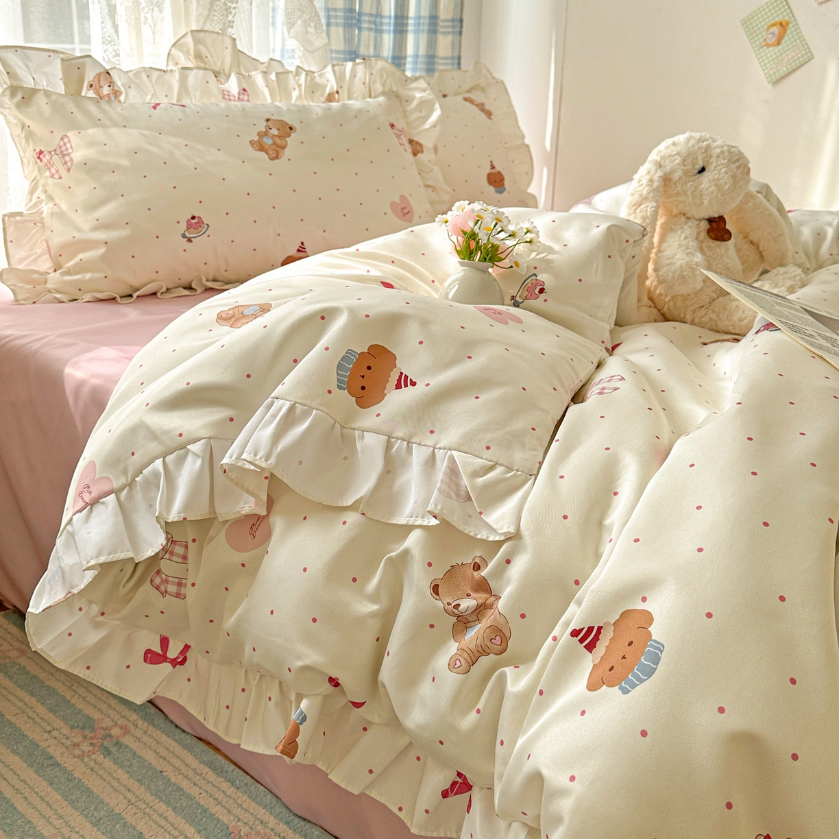 91家纺网 家纺一手货源 找家纺 （总）老K (原美阁） 2026新款韩版冰丝四件套公主花边水洗真丝四件套