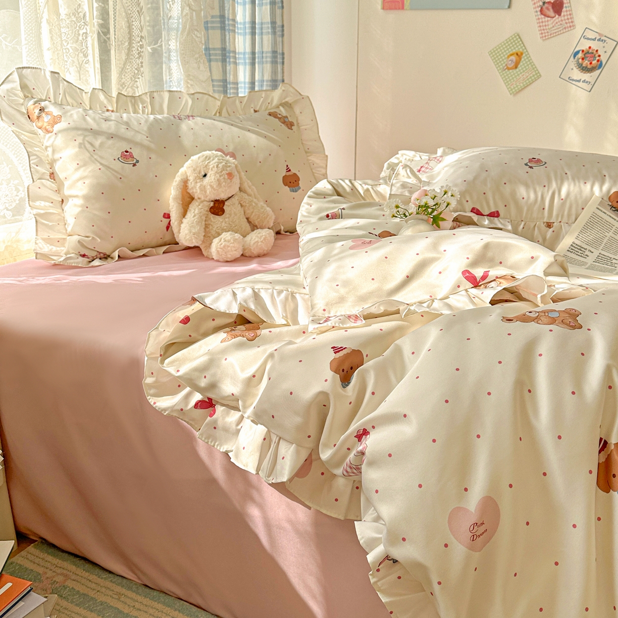 91家纺网 家纺一手货源 找家纺 （总）老K (原美阁） 2026新款韩版冰丝四件套公主花边水洗真丝四件套