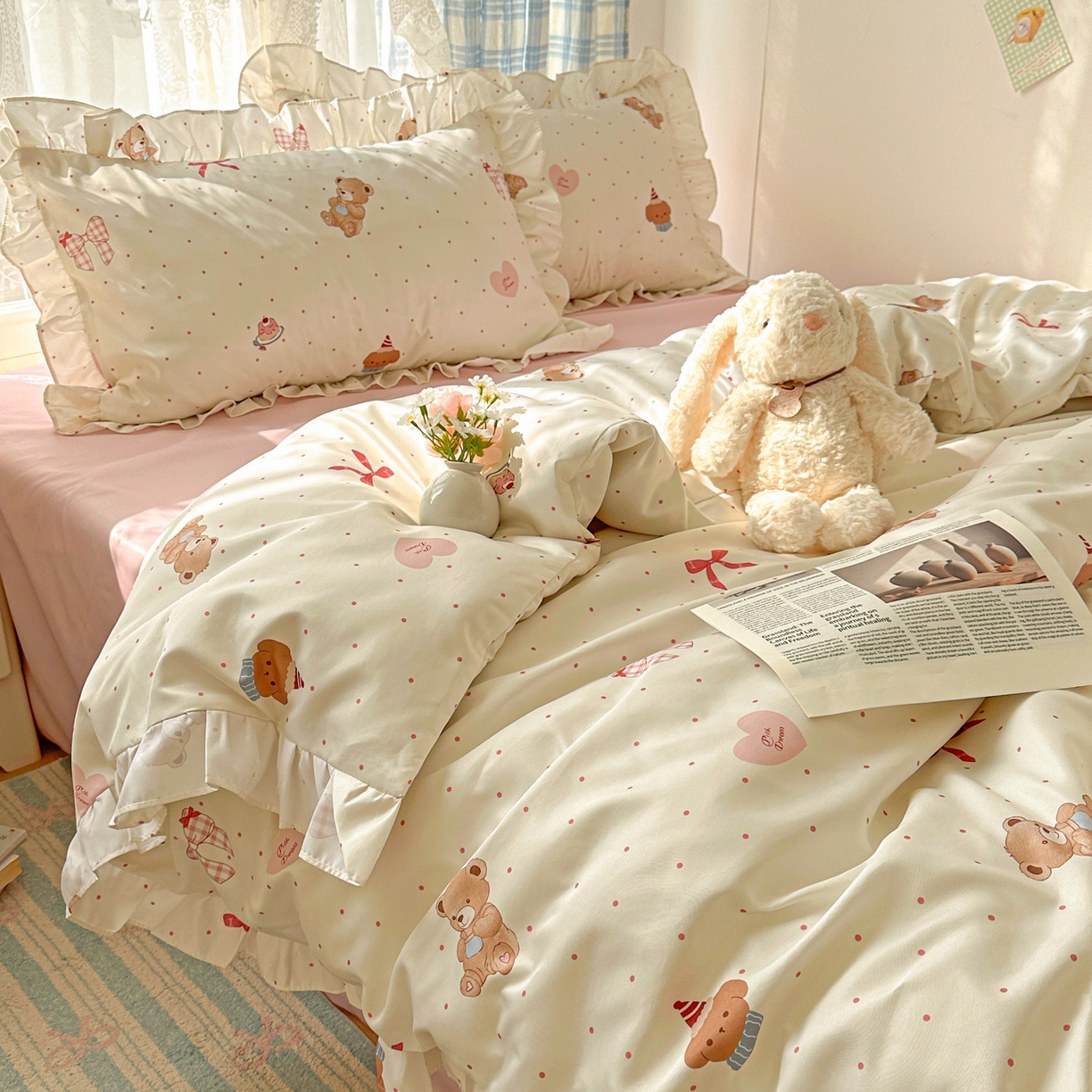 91家纺网 家纺一手货源 找家纺 （总）老K (原美阁） 2026新款韩版冰丝四件套公主花边水洗真丝四件套