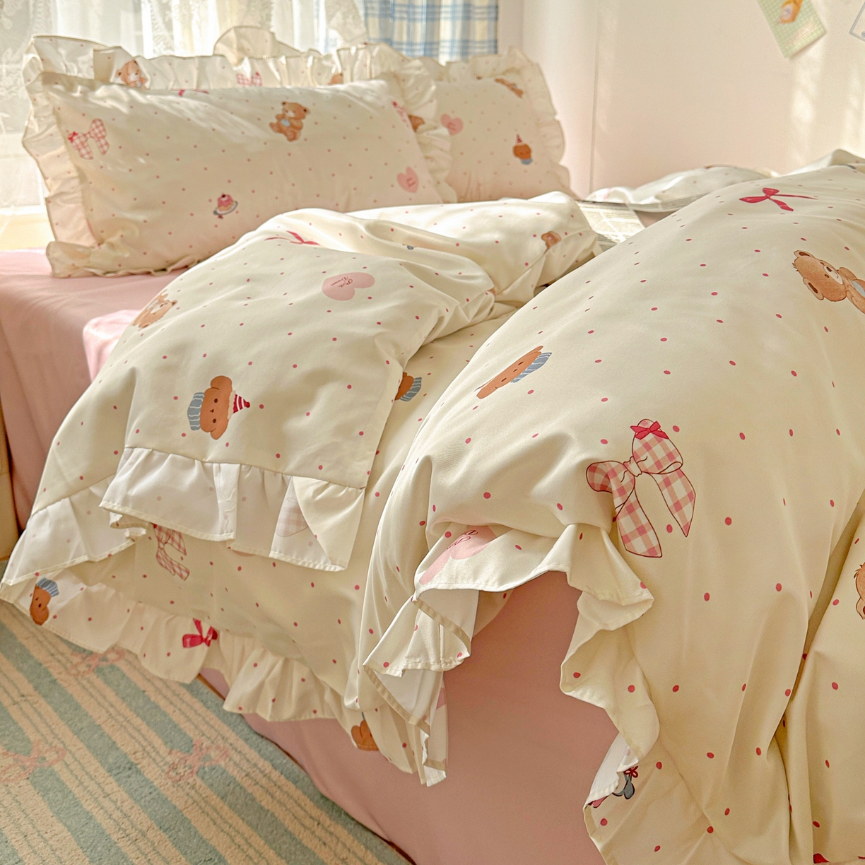 91家纺网 家纺一手货源 找家纺 （总）老K (原美阁） 2026新款韩版冰丝四件套公主花边水洗真丝四件套