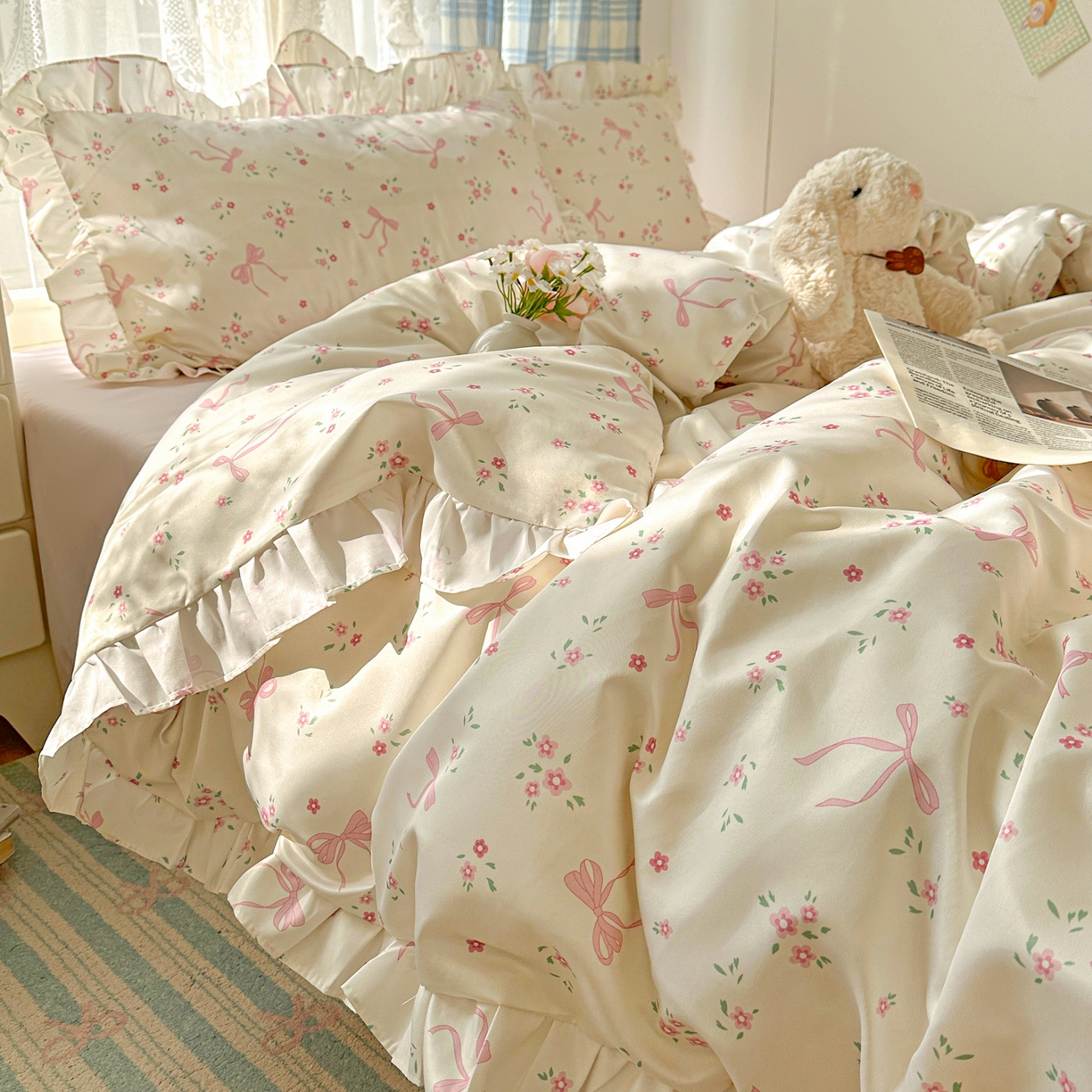 91家纺网 家纺一手货源 找家纺 （总）老K (原美阁） 2026新款韩版冰丝四件套公主花边水洗真丝四件套