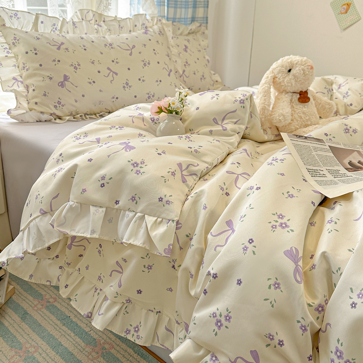 91家纺网 家纺一手货源 找家纺 （总）老K (原美阁） 2026新款韩版冰丝四件套公主花边水洗真丝四件套