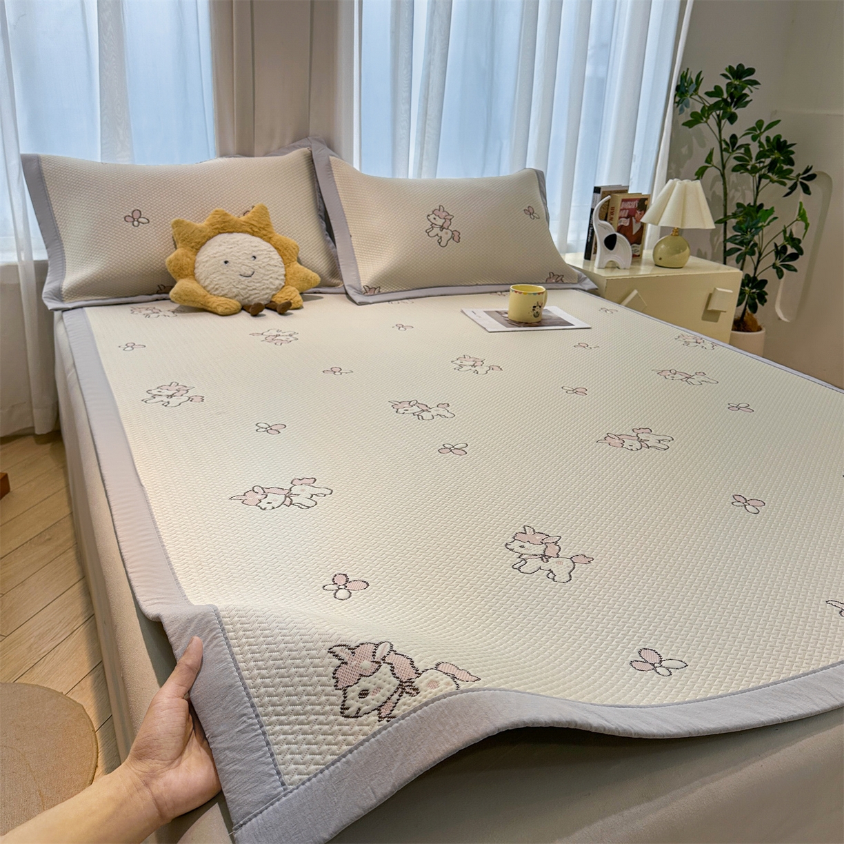 玉相逢 2026新款卡通提花乙纶凉感凉席-床席款 粉独角兽