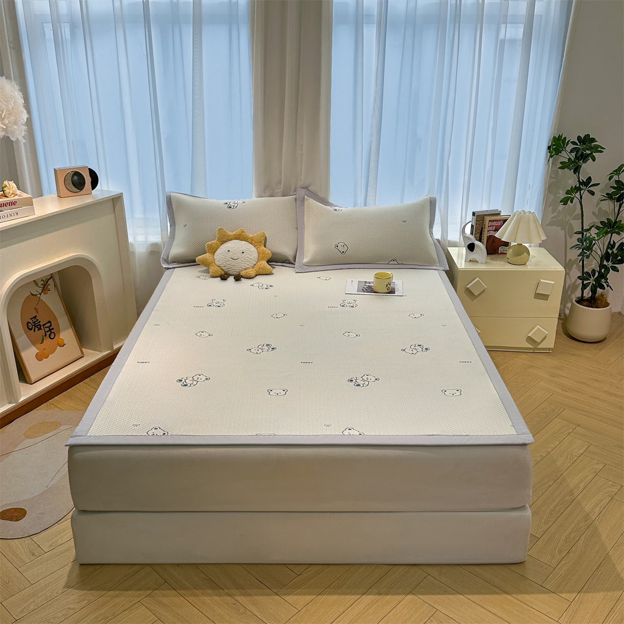 91家纺网 家纺一手货源 找家纺 玉相逢 2026新款卡通提花乙纶凉感凉席-床席款 蓝蓝小熊