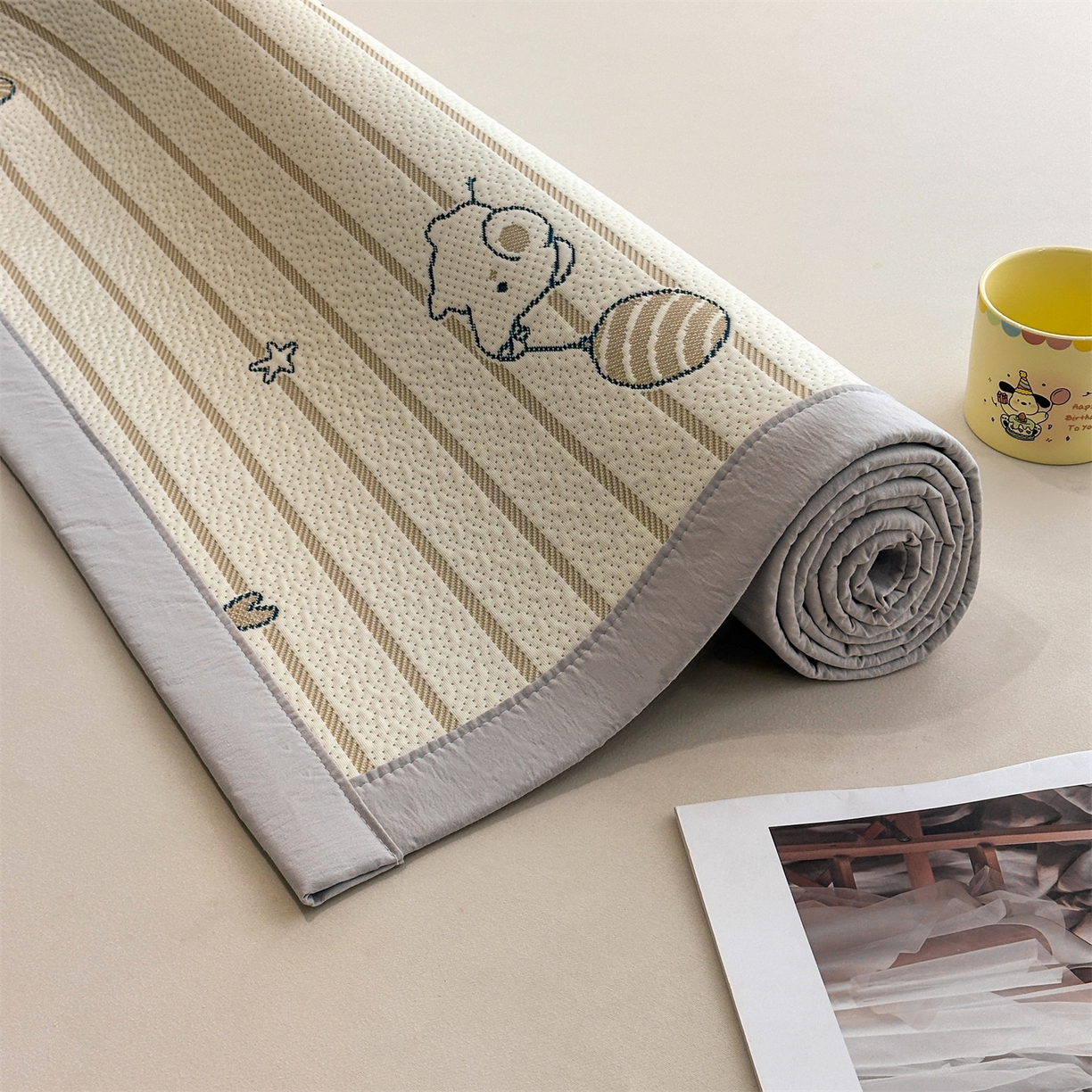 91家纺网 家纺一手货源 找家纺 玉相逢 2026新款卡通提花乙纶凉感凉席-床席款 条纹小象