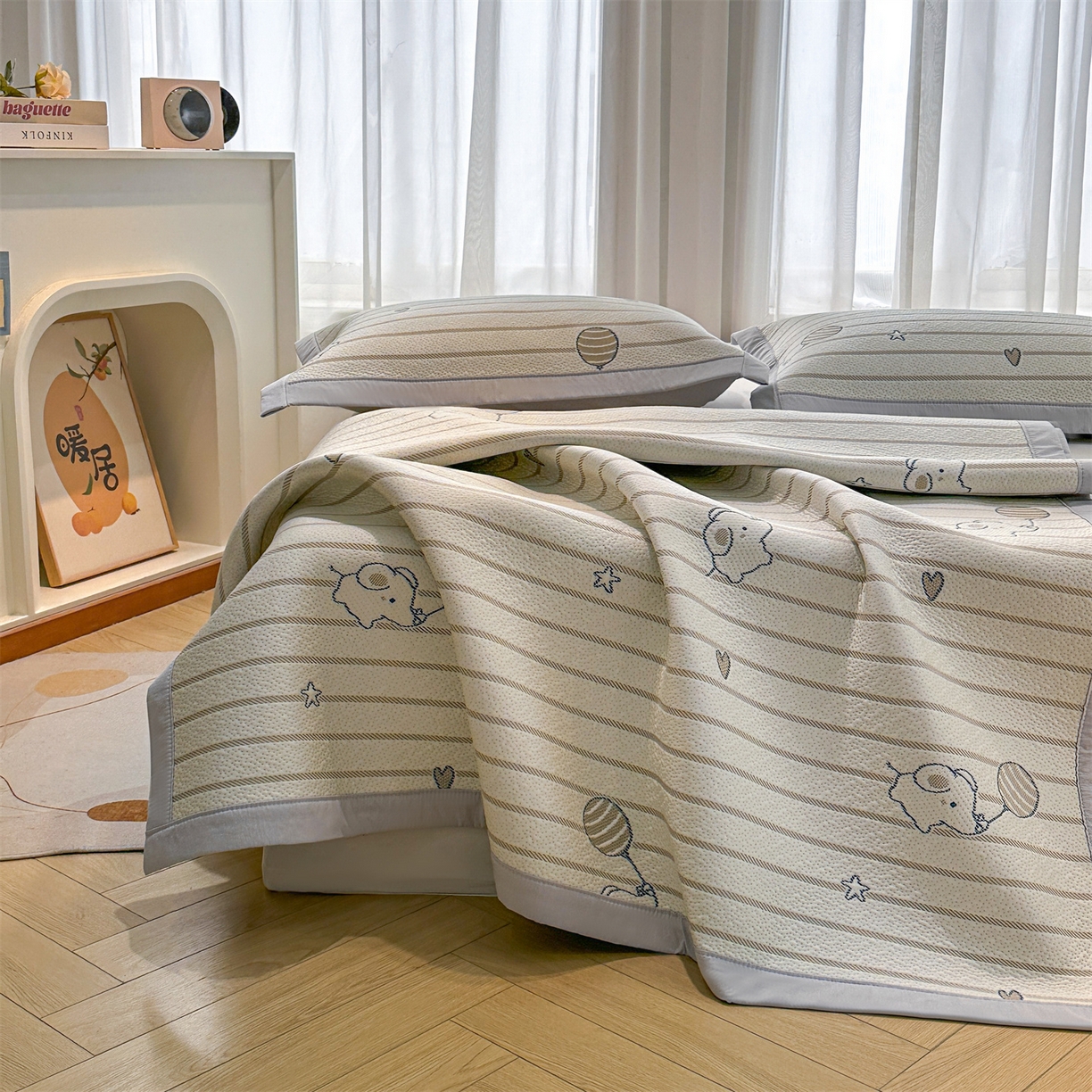 91家纺网 家纺一手货源 找家纺 玉相逢 2026新款卡通提花乙纶凉感凉席-床席款 条纹小象