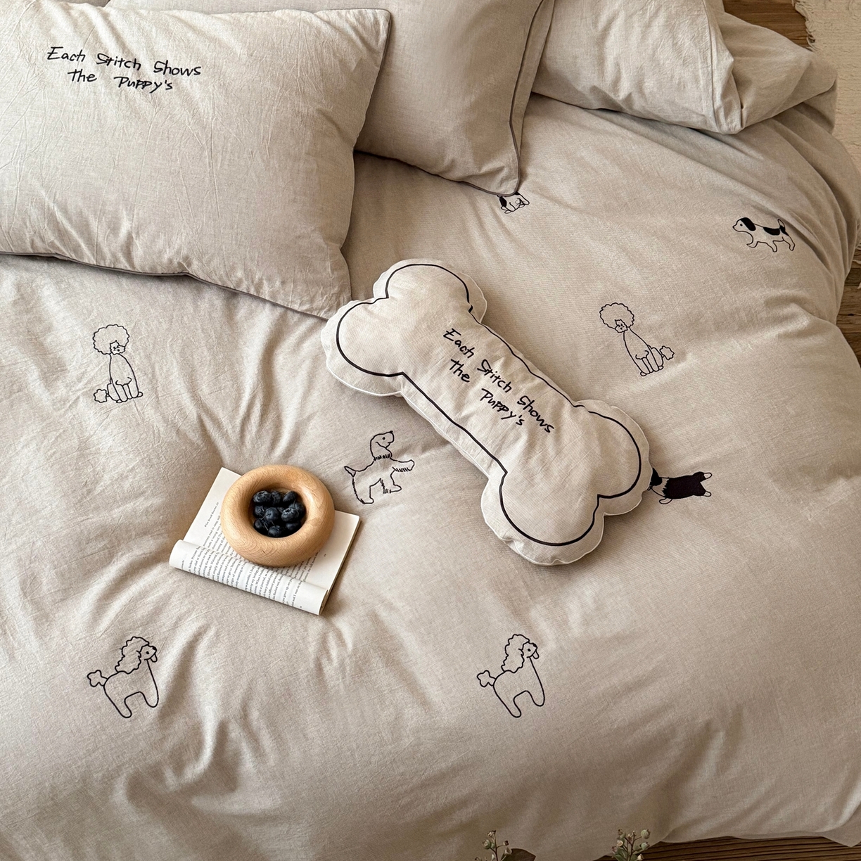 91家纺网 家纺一手货源 找家纺 （总）鹿班家居 2026春季新品色织棉麻精密刺绣系列四件套-小狗日记（标准会员-20）