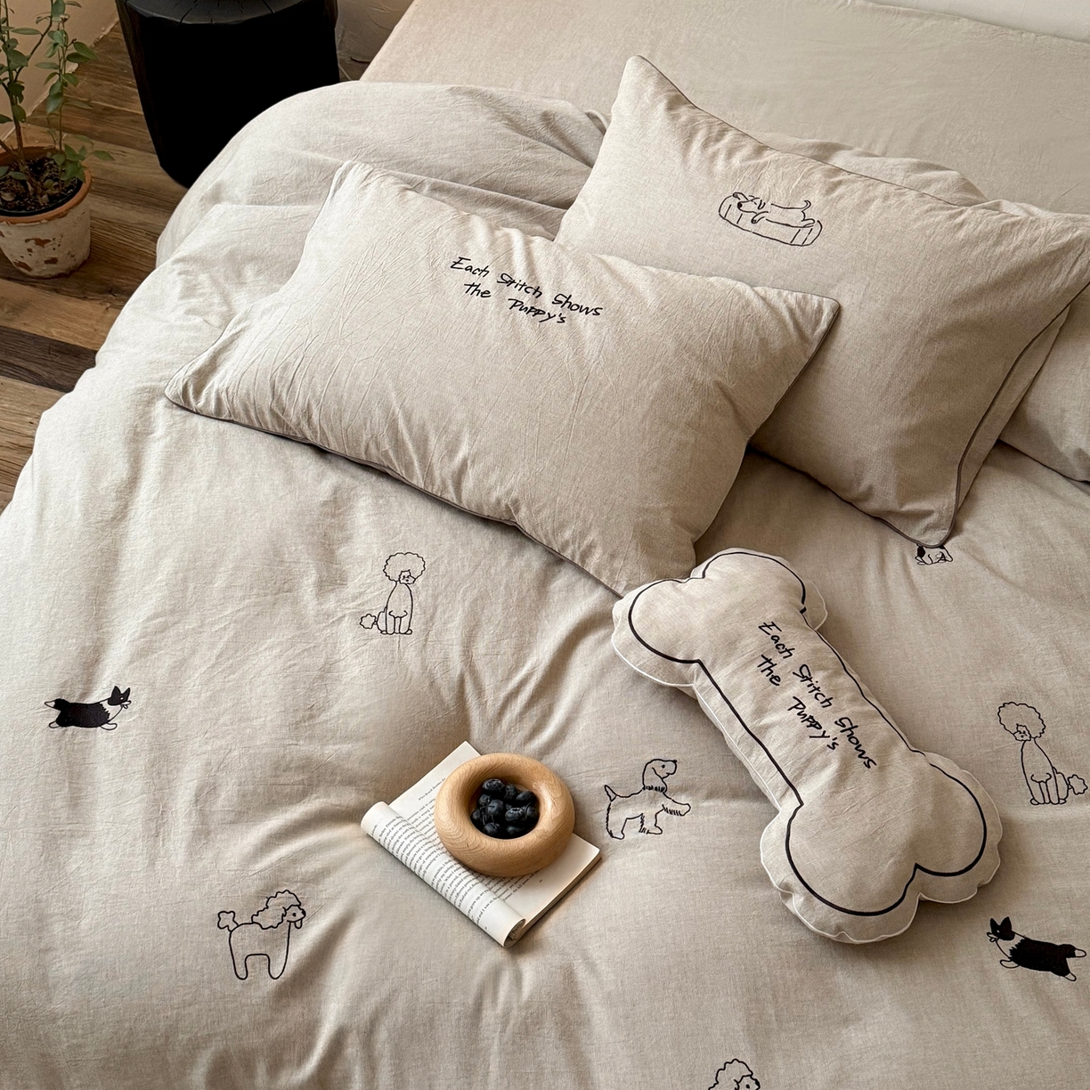 91家纺网 家纺一手货源 找家纺 （总）鹿班家居 2026春季新品色织棉麻精密刺绣系列四件套-小狗日记（标准会员-20）