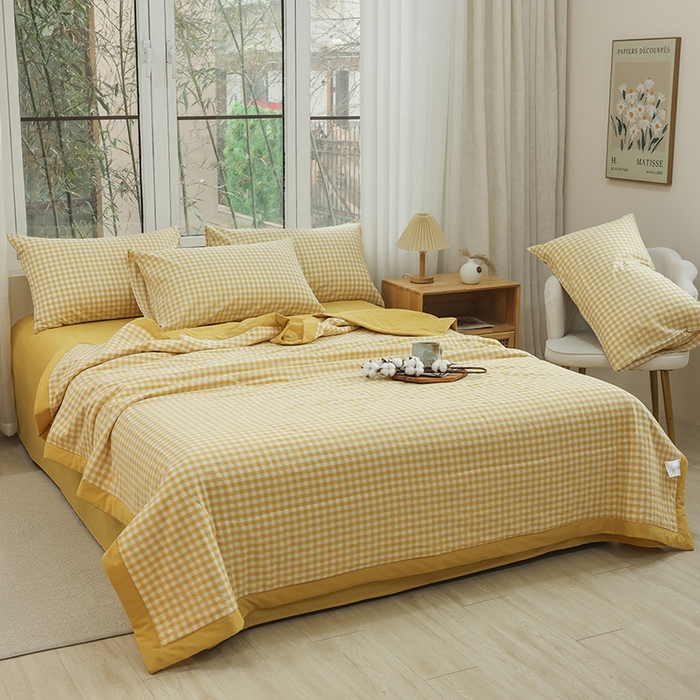 91家纺网 家纺一手货源 找家纺 柠萌家居 2026新款全棉色织水洗棉棉花夏被四件套里外全棉空调被 夏凉被被子被芯 黄小格