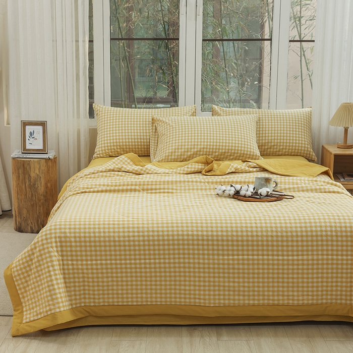 91家纺网 家纺一手货源 找家纺 柠萌家居 2026新款全棉色织水洗棉棉花夏被四件套里外全棉空调被 夏凉被被子被芯 黄小格